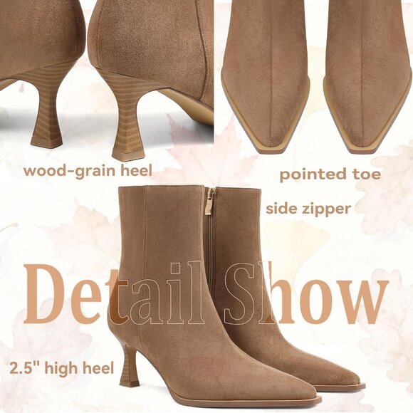 Women's Brown Suede Fall Side Zip Ankle Mid Calf Pointed Toe Kitten Heel Boots - Picture 4 of 6